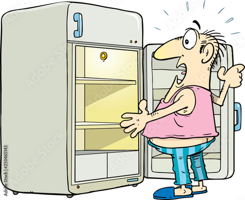 Hungry man looking in empty fridge