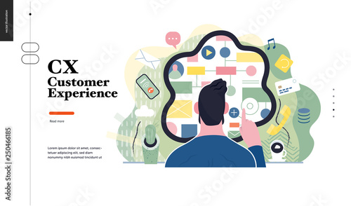 Technology 1 -CX customer experience - modern flat vector concept digital illustration of user or customer experience, a user in front of interface. Creative landing web page design template