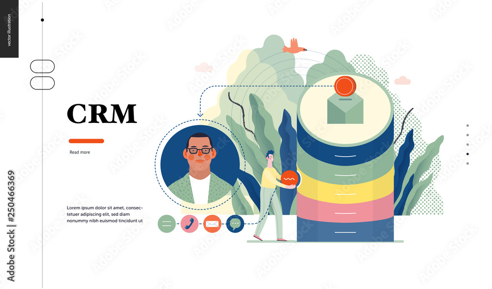 Naklejka premium Technology 1 - CRM Customer Relationship Management - modern flat vector concept digital illustration of data collecting from user and providing result data. Creative landing web page design template