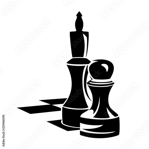 chess king and pawn pieces standing on board - black and white vector design