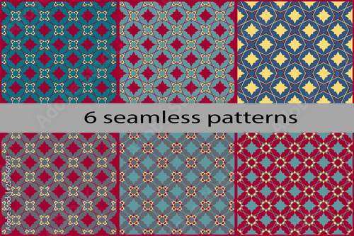 Set of six vector illustration. Seamless vector ornament of simple intersecting geometric shapes. Geometric seamless pattern.