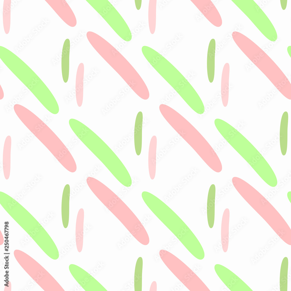 Repeated short lines drawn by hand. Simple seamless pattern. White, green pink.