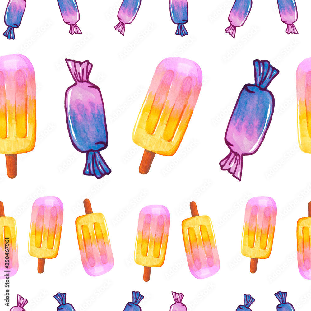 Seamless pattern painting with colorful candy and ice cream, sweets on white background Seamless pattern painting with colorful candy and ice cream, sweets on white background