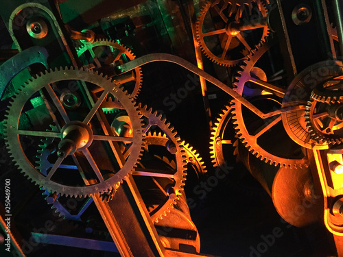 Close view of old clock mechanism with gears and cogs. Conceptual photo