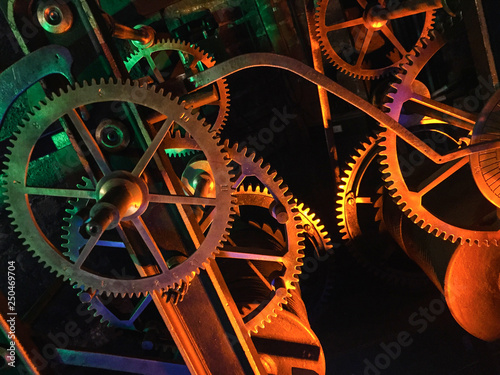Close view of old clock mechanism with gears and cogs. Conceptual photo