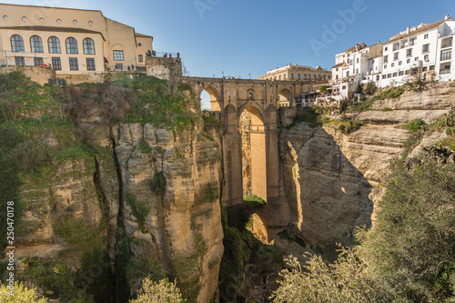 Puente Nuevo and the city of Ronda at dusk, El Tajo Gorge, Malaga Province, Spain