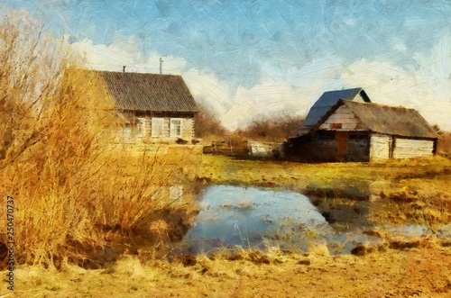 Village house and nature motifs. Beauty spring landscape. Oil painting original wall art print in large size for interior design decor. Impressionism modern pictorial. Contemporary drawing on canvas.