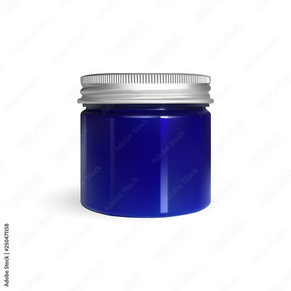 Blue cream jar isolated on white background. Skin care product package. Color glass jar Blue cream jar isolated on white background. Skin care product package. Color glass jar