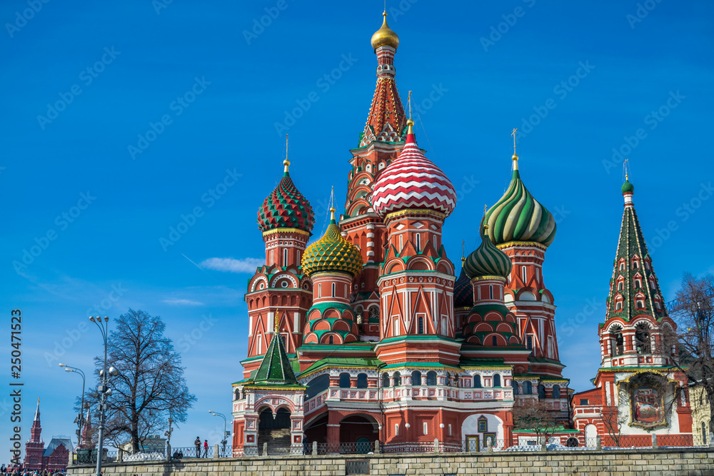 St Basil orthodox cathedral, with blue sky, Moscow, Russia
