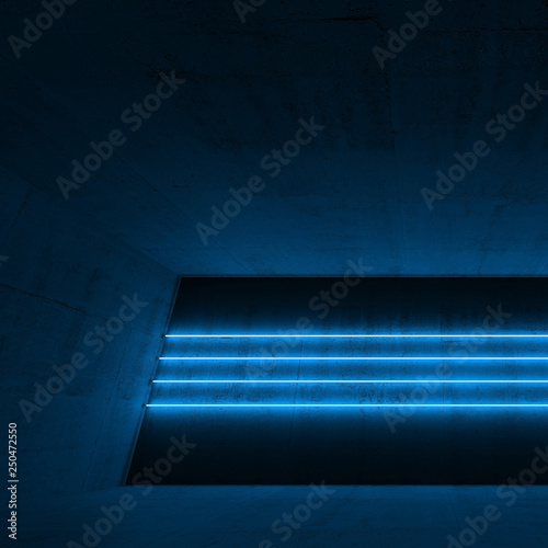 3d interior with four cyan neon light