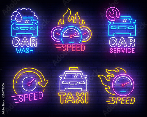 Automotive set neon logo. Car Wash. Taxi and Car Service label and emblem. Neon sign, isolated sticker, bright signboard, light banner. Vector illustration