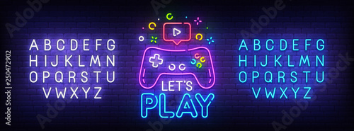 Let's Play neon sign, bright signboard, light banner. Game logo, emblem and label. Neon sign creator. Neon text edit