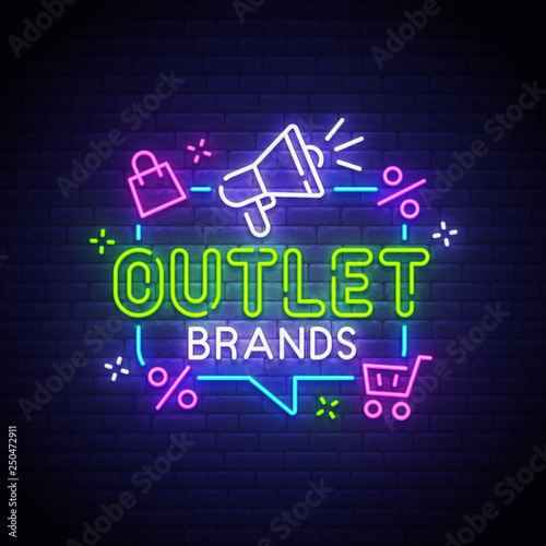 Outlet neon sign, bright signboard, light banner. Outlet logo neon, emblem. Vector illustration