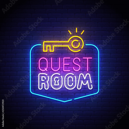 Quest Room neon sign, bright signboard, light banner. Escape Room logo neon, emblem. Vector illustration