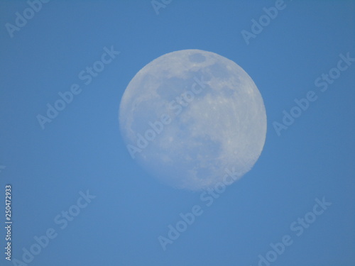 Liguria, Italy - 02/18/2019: An amazing photography of the full moonlight over the mountains, hidden and out of the trees in the village by day with beautiful blue sky in the background in winter days