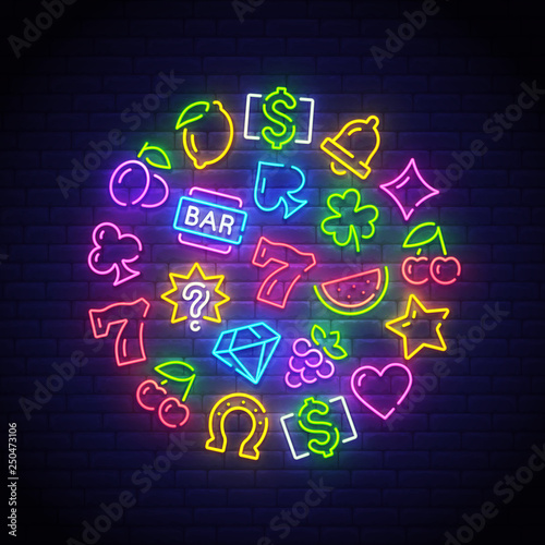 Game icons for casino. Icon from slot machine. Slot neon sign. Casino, Slot machine, Gambling. Vector Illustration