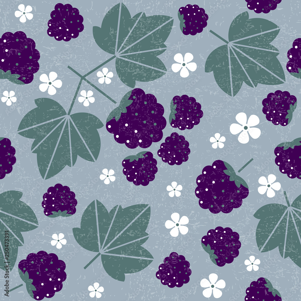 Blackberry seamless pattern. Blackberries with leaves and flowers on shabby background. Original simple flat illustration. Shabby style. Blackberry seamless pattern. Blackberries with leaves and flowers on shabby background. Original simple flat illustration. Shabby style.