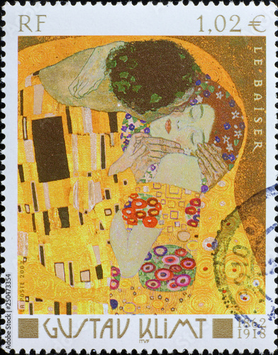 Detail of the kiss by Klimt on french stamp photo