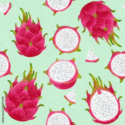 Pitaya seamless pattern. Red ripe dragon fruit. Whole and cut fruit on shabby background. Original illustration on shabby style.