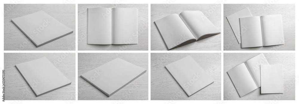 Set of blank brochures on light wooden background. Mock up for design - obrazy, fototapety, plakaty 