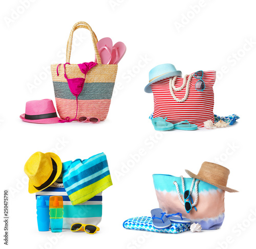 Set of stylish beach accessories on white background photo