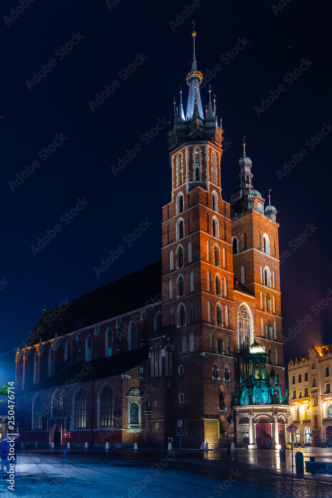 St. Mary's Basilica (Church of Our Lady Assumed into Heaven) in Krakow, Poland at night