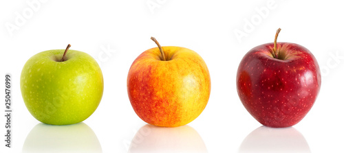 Isolated apples. Green, yellow and red apple fruits isolated on white background.