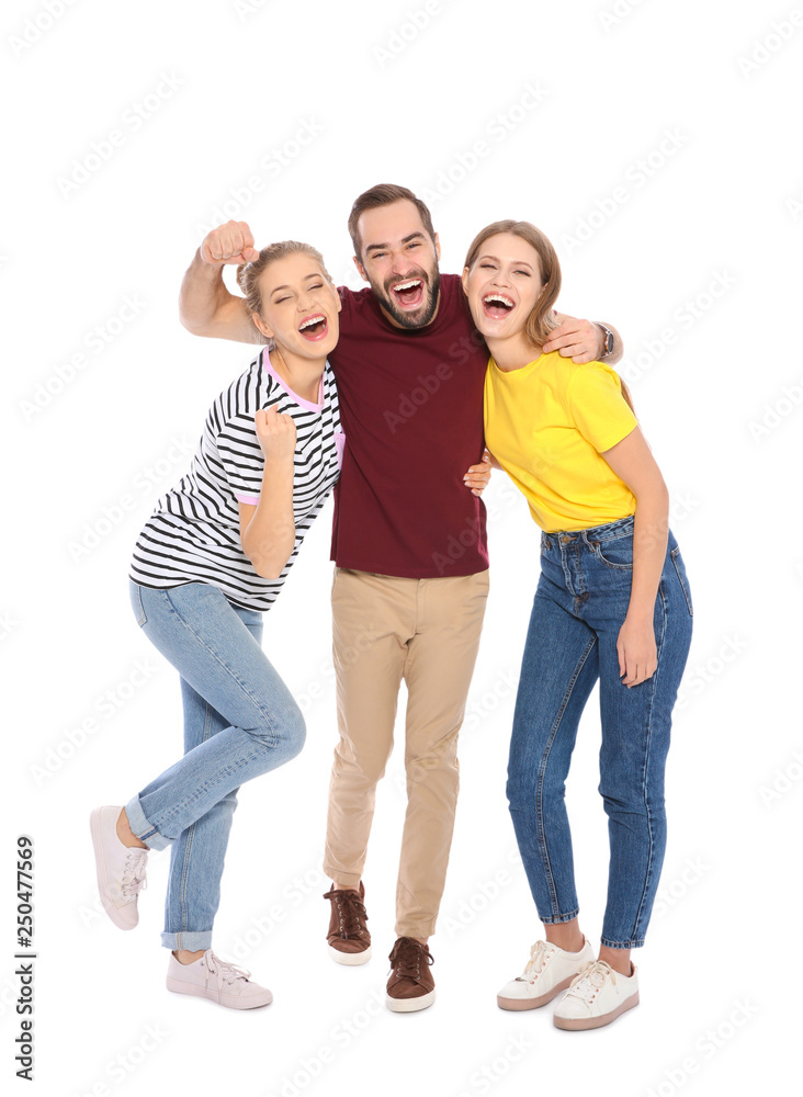 Young people celebrating victory on white background Young people celebrating victory on white background