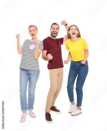 Young people celebrating victory on white background