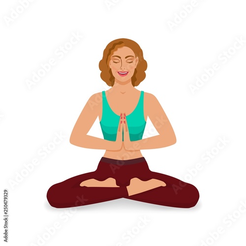 smiling girl with closed eyes meditating in yoga lotus position