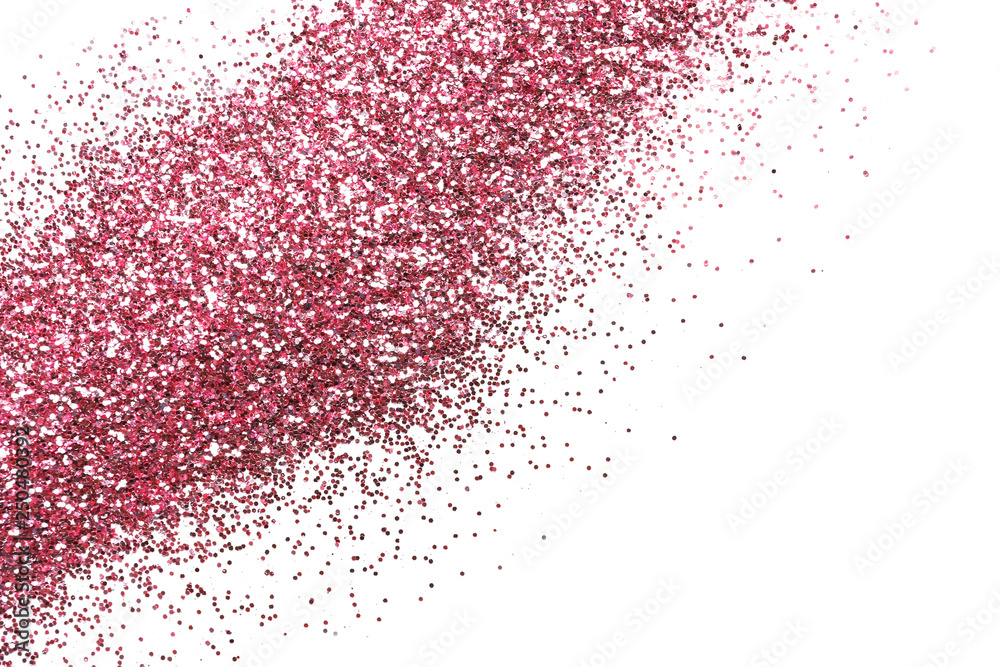 Pink glitter on white background, top view
