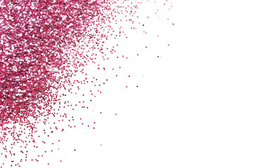 Pink glitter on white background, top view