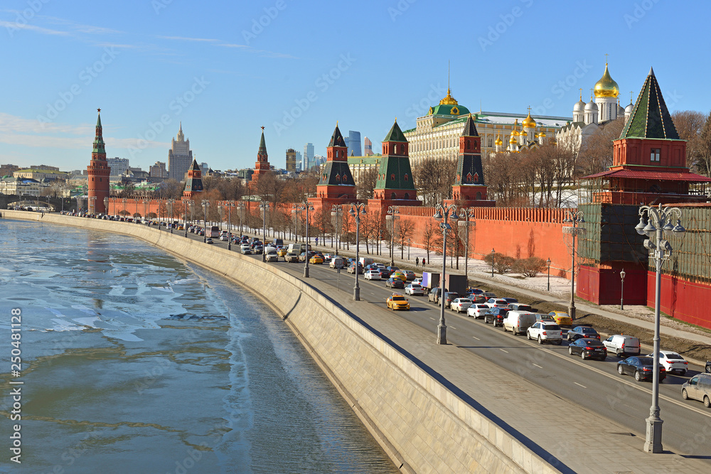 Anticipation of spring. Moscow Kremlin and Kremlin Embankment. Russia