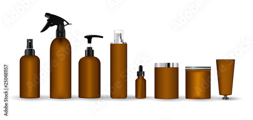 Realistic brown bottle for cosmetic cream container. Spray bottle. Tube for ointment, lotion, balsam.  Mock up bottle. Gel, balsam, with design label. Soap pump bottle.  Cosmetic package.