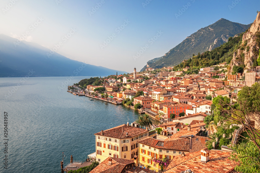 Scenic view on Lake Garda  in Limone sul Garda town, famous tourist destination in Italy