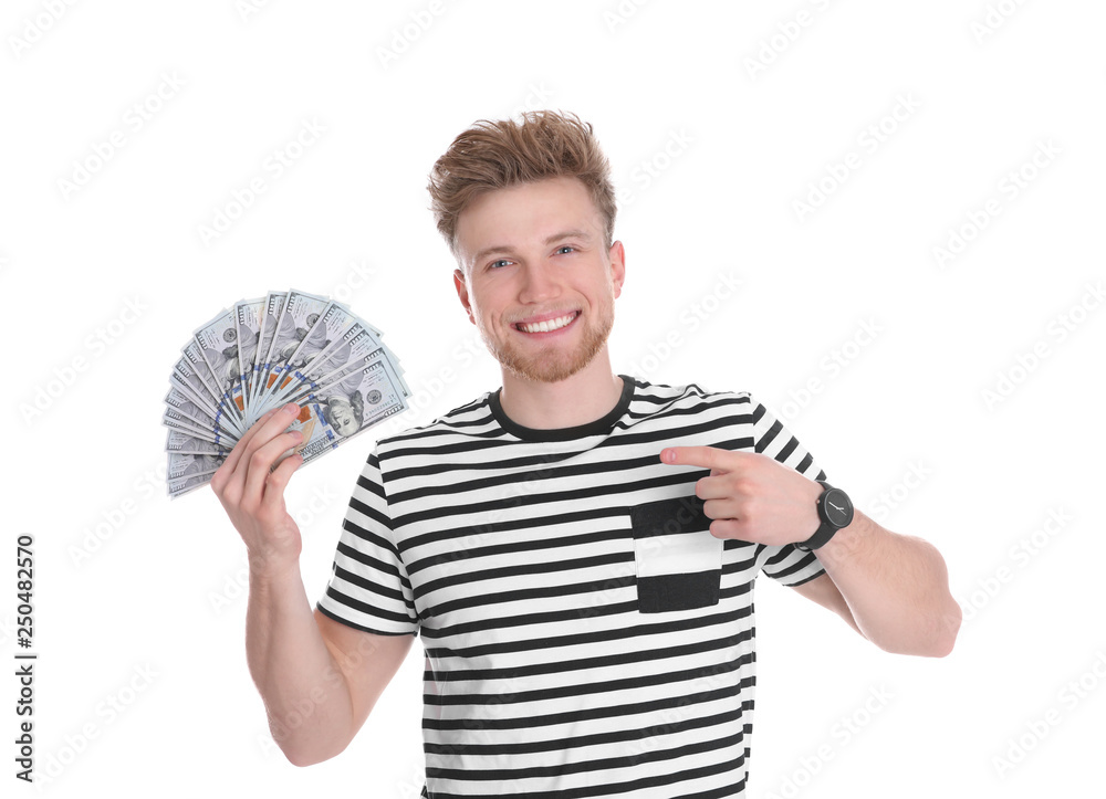 Happy young man with money on white background Happy young man with money on white background
