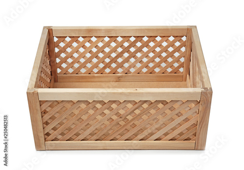 Empty open wooden crate isolated on white © New Africa