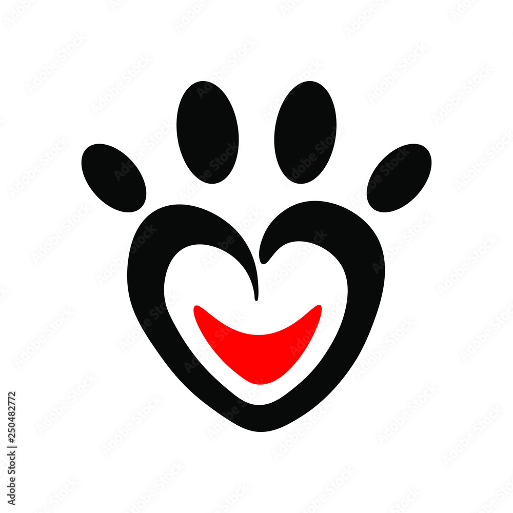 Sign, symbol, icon. Paw in black heart-shaped with red smile on white background. Sign, symbol, icon. Paw in black heart-shaped with red smile on white background.