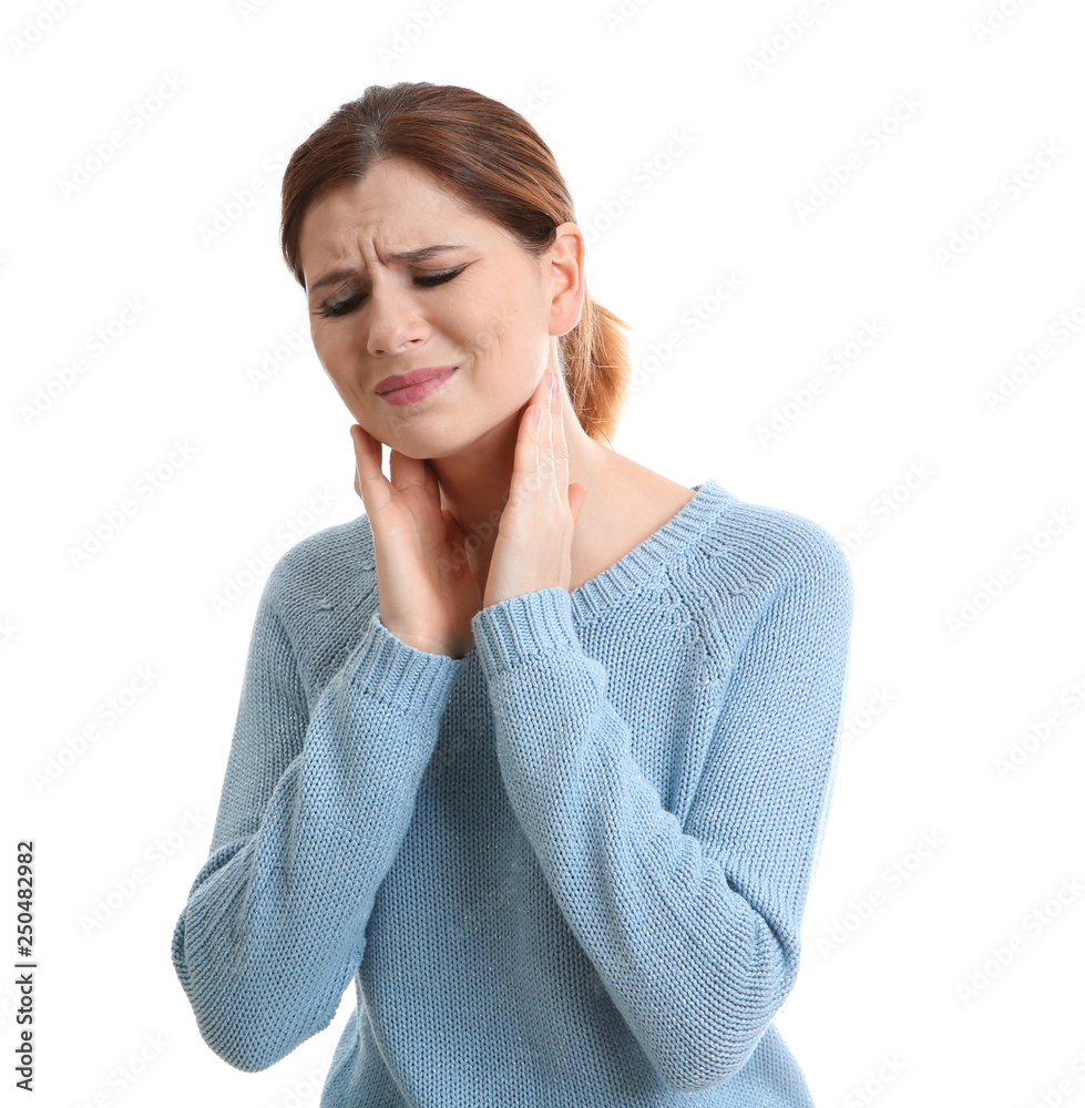 Woman suffering from cough isolated on white Woman suffering from cough isolated on white