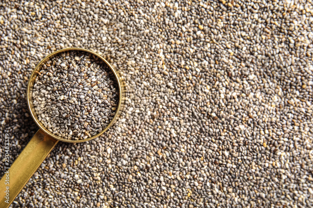 Saucepan of chia seeds on grains, top view with space for text Saucepan of chia seeds on grains, top view with space for text