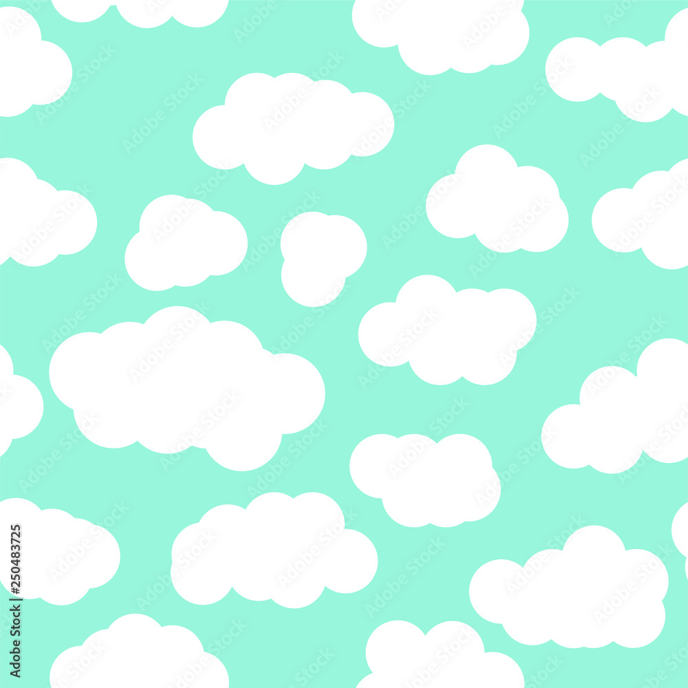 Repeating Seamless Vector Pattern with Fluffy Clouds on Blue Background
