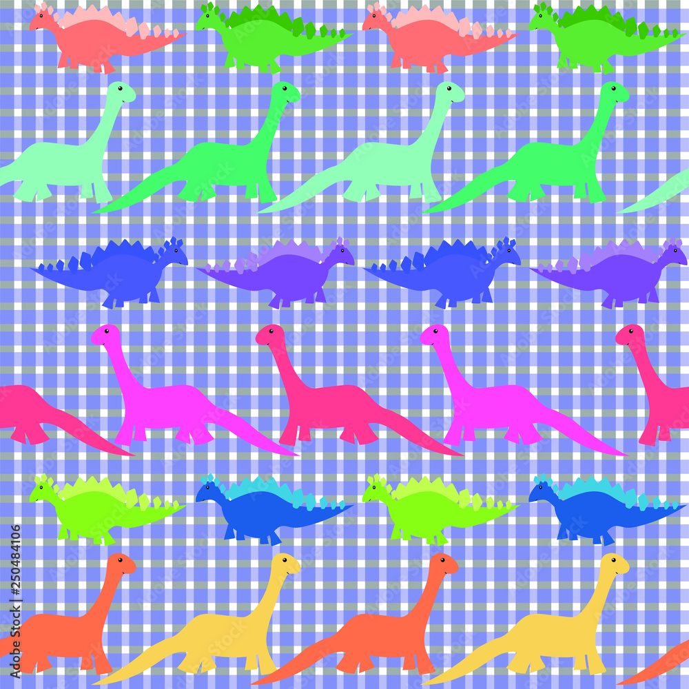 Repeating Seamless Vector Pattern Dinosaurs on Plaid Background Repeating Seamless Vector Pattern Dinosaurs on Plaid Background