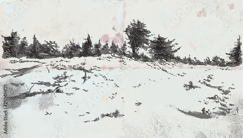 Landcape. An hand drawn vector illustration. Engraved effect.
