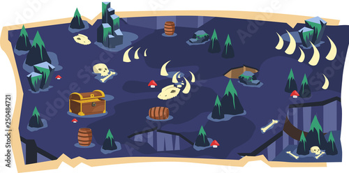 Deadly Cave 2D Game Maps with Dark land with Bone, Skull, Fossil Dinosaurs, Golden Crates and Dark Mountain Vector Illustration
