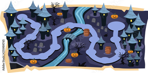 Halloween 2D Games Maps with Path of stage levels and Purple Land Castle, Graveyard, River, Pumpkins with scary tree for Cartoon Vector Illustration