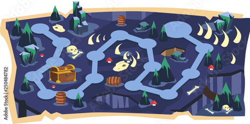 Bilde på lerret Deadly Cave 2D Game Maps with Path and Dark land with Bone, Skull, Fossil Dinosa