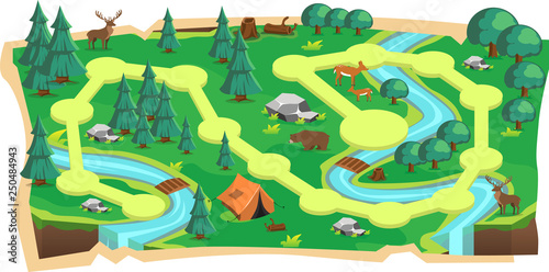 Forest Jungle 2D Game Maps with Path and Green land with Bear, Mouse Deer, Tent, Rivers, stone and Trees for Platform Vector Illustration