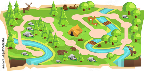 Forest Jungle 2D Game Maps with Path and Soft Green land with Bear, Mouse Deer, Tent, Rivers, stone and Trees for Platform Vector Illustration