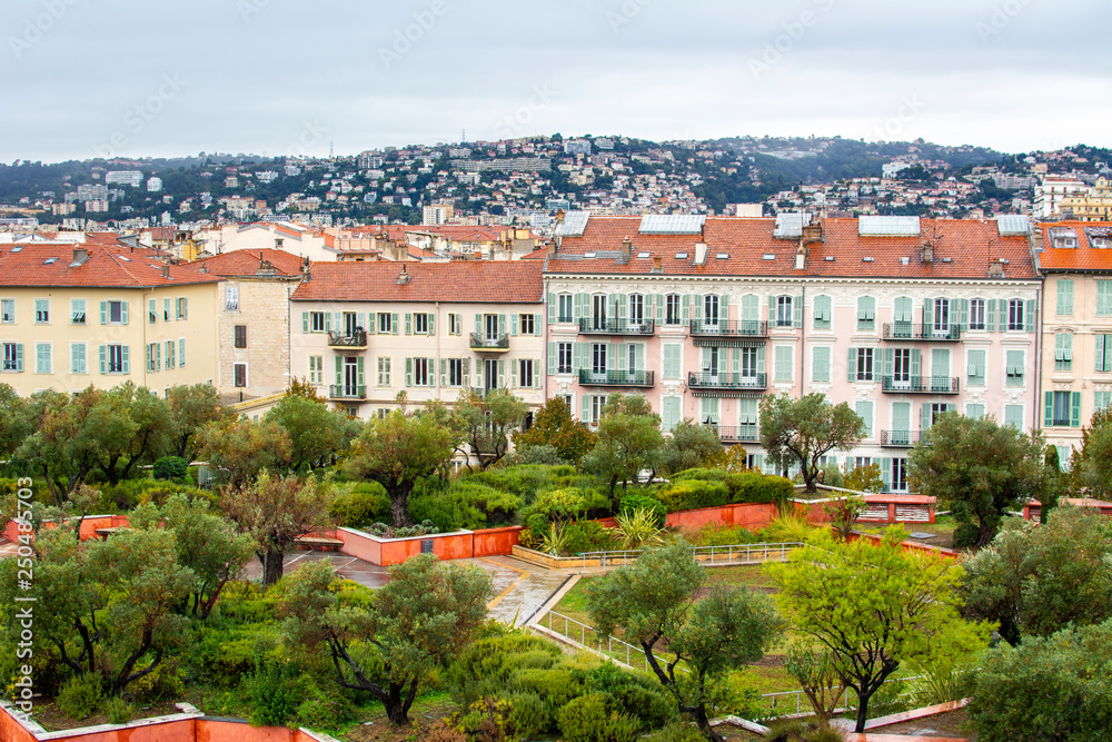 View to Sacha Sosno Garden, Nice and hills, Nice, France