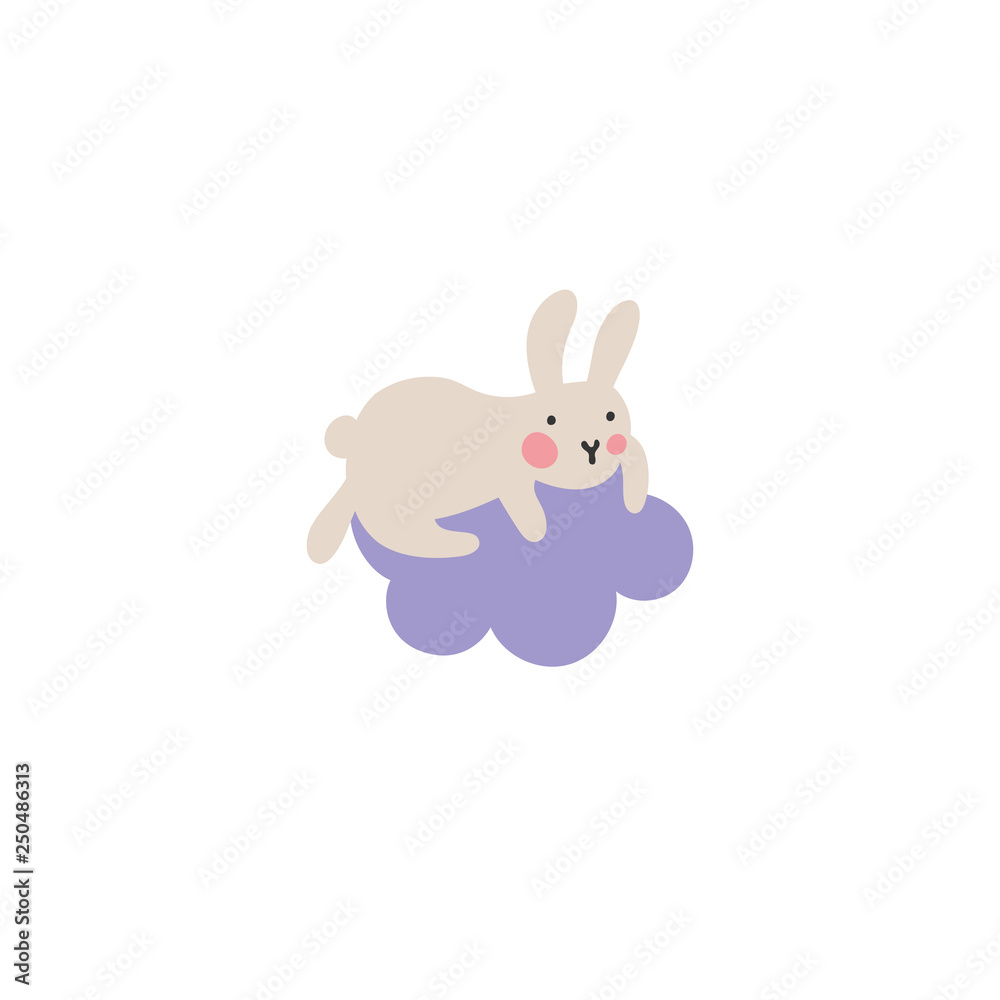 Fototapeta premium Adventures of Easter bunniesCute little hare climbed onto a purple cloud and doesn't know how to get out of there. Who will help the kid find his way down